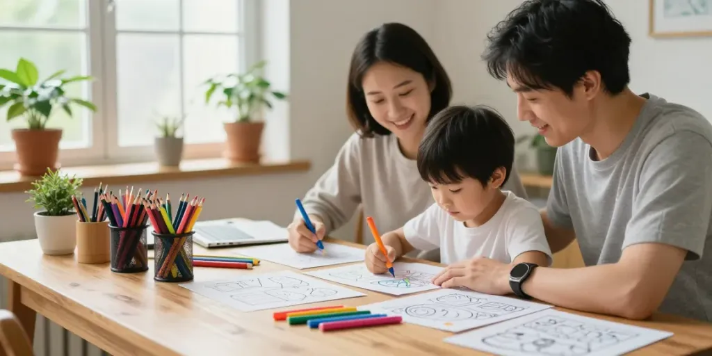 Coloring fun with family at home, showcasing freecoloringsheets.net.