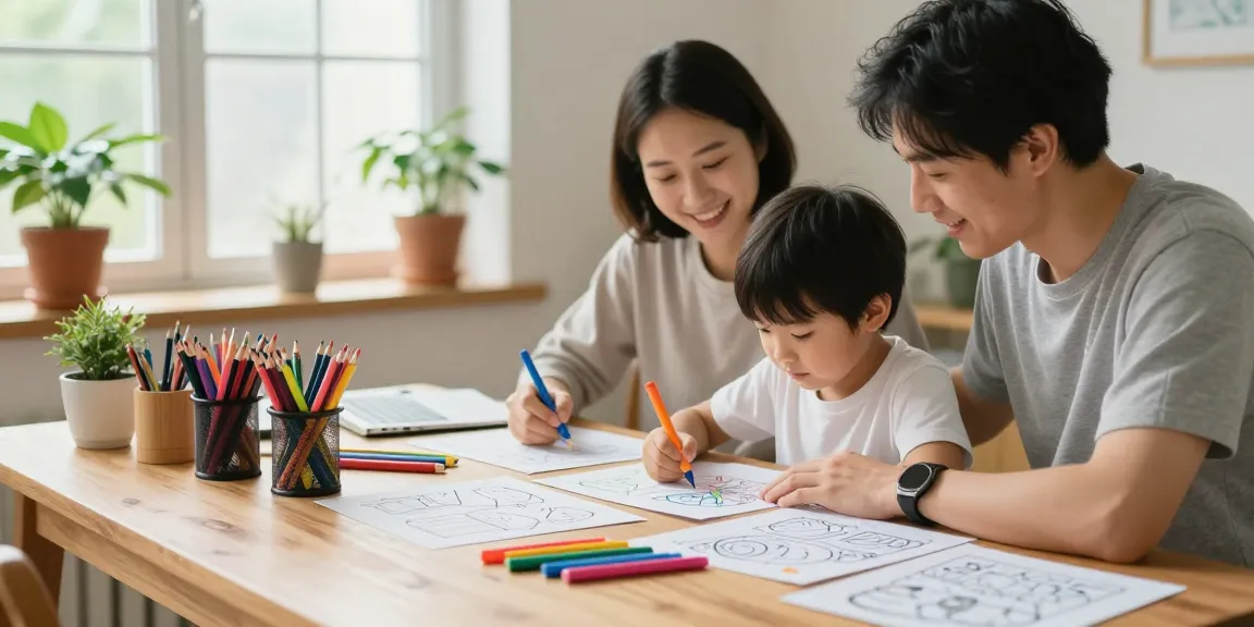 Coloring fun with family at home, showcasing freecoloringsheets.net.