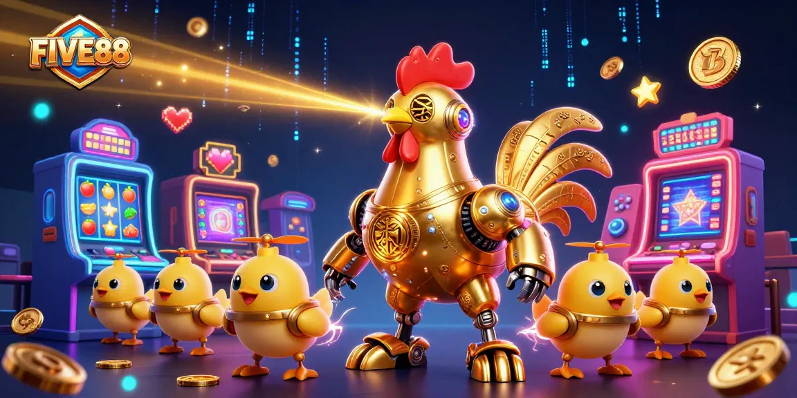 Engage in winning opportunities at FIVE88 with vibrant slot games and a retro-futuristic robot.
