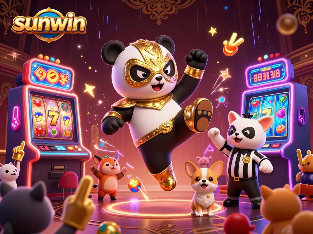 Experience sunwin's thrilling world with a 3D cartoon panda wrestler and vibrant slot machines.