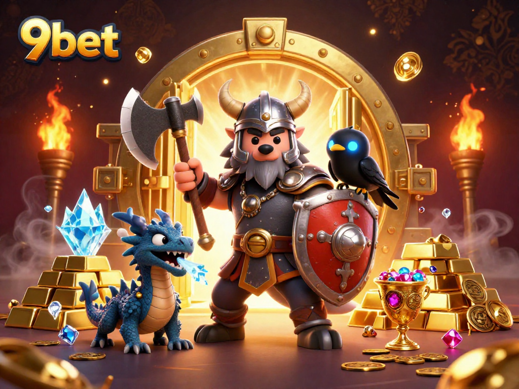 Experience thrilling action with 9bet as the Viking wolf warrior, dragon, and raven explore a treasure-filled casino scene.
