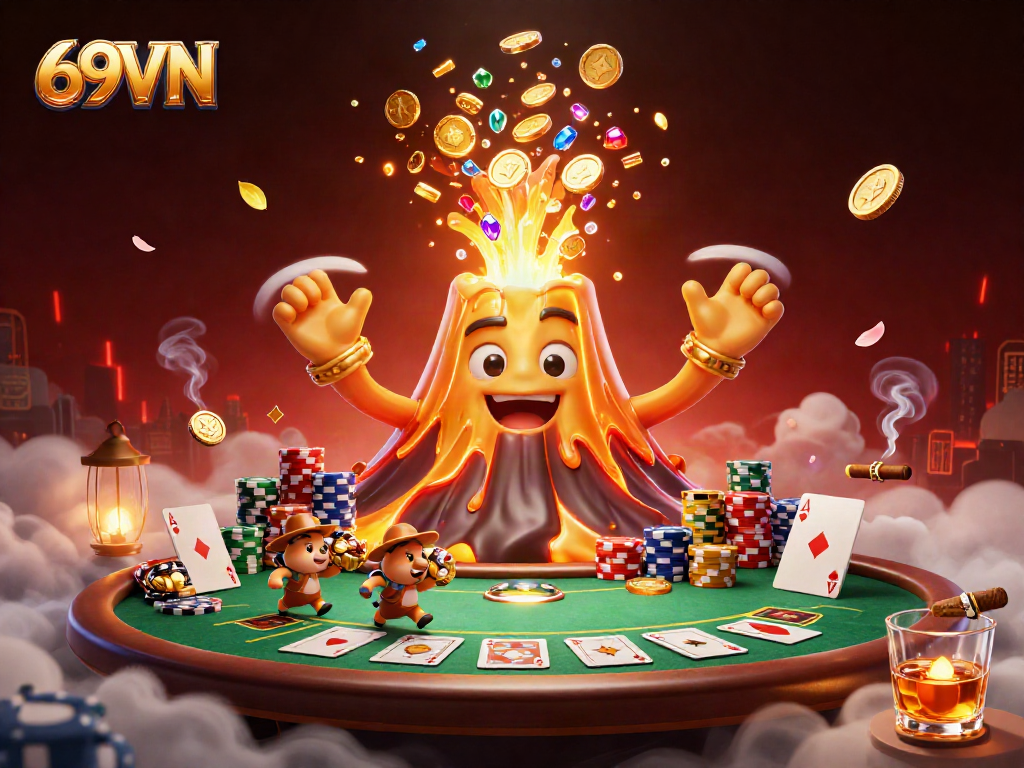 Engage with thrilling wins at 69VN's vibrant casino, showcasing a golden volcano erupting treasures.