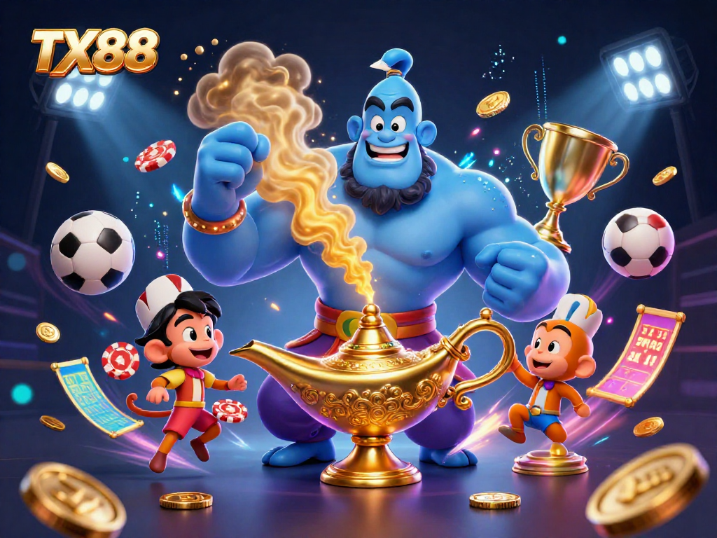 Experience winning at TX88 with an energetic scene featuring a genie, monkey, and flying poker chips.