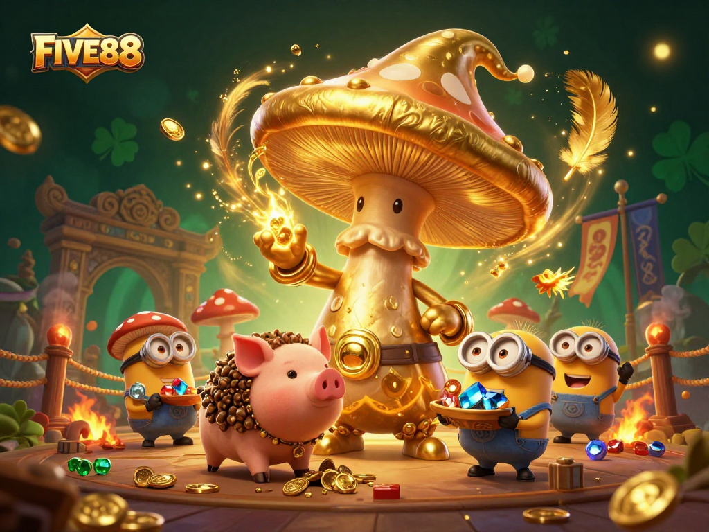 Experience enchanting winnings at FIVE88 with a magical casino adventure featuring a golden mushroom wizard.