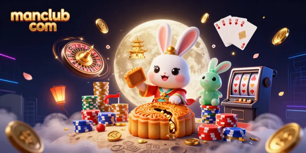 Engage with manclub com's dynamic gaming scene featuring a moon rabbit and casino elements.