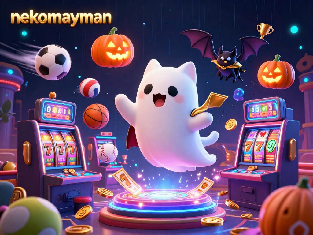 Neko May Mắn charms players in a haunted casino scene featuring a ghost cat and vibrant slot machines.
