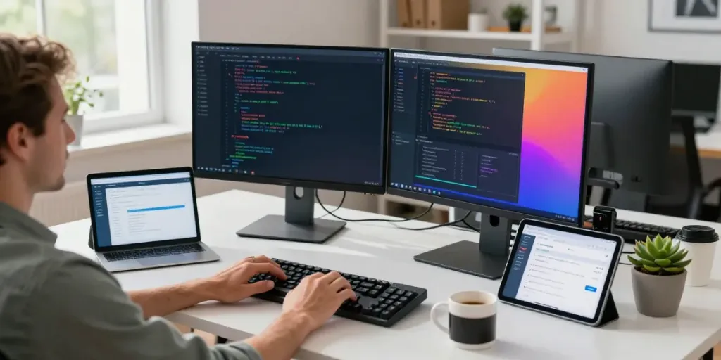 Developer using instant indexing tools in a bright digital workspace