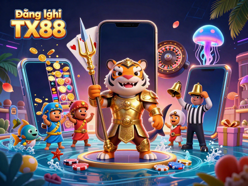 Experience exhilarating wins with Đăng ký TX88, featuring a dynamic underwater scene with a shark gladiator, gaming elements, and casino excitement.
