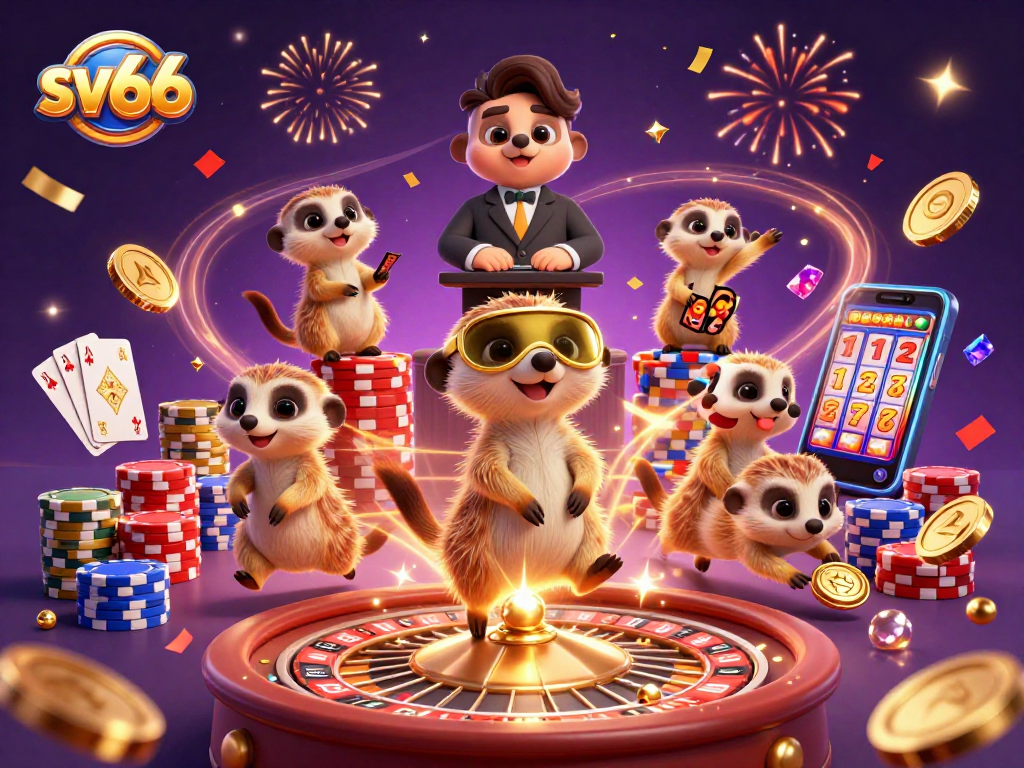 Experience vibrant gaming excitement at sv66 with playful meerkats managing a dynamic casino scene.
