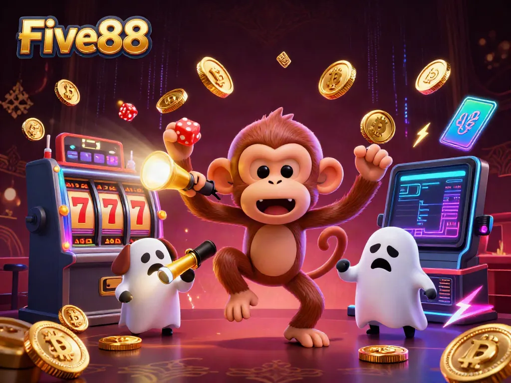 Engage with Five88's dynamic casino world, featuring vibrant characters and slot elements.