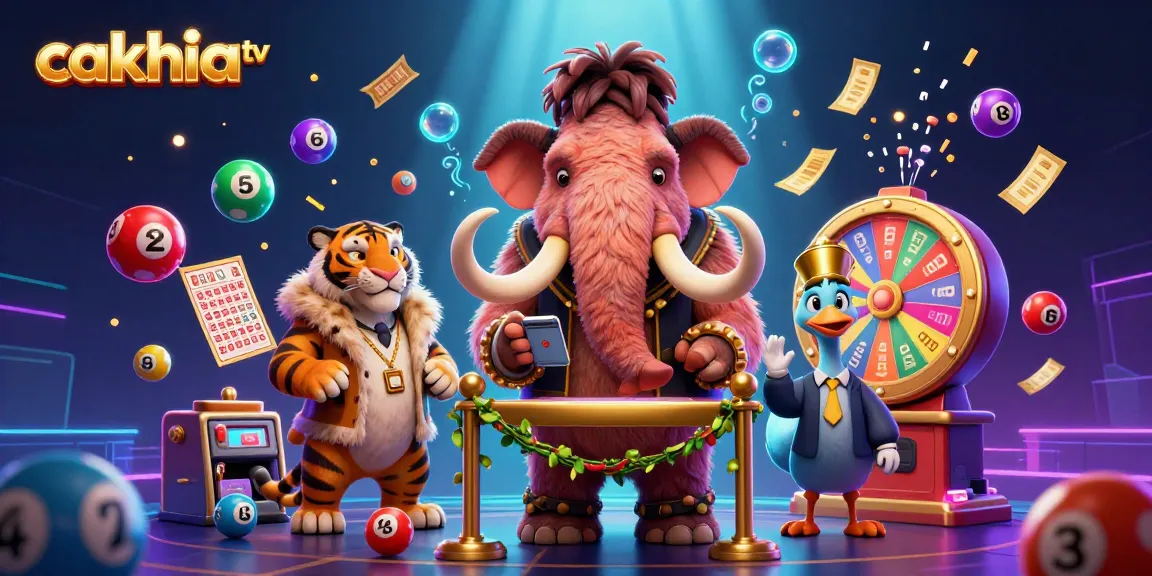 Engage with cakhia tv's vibrant casino-themed illustration filled with colorful lottery elements and unique characters.