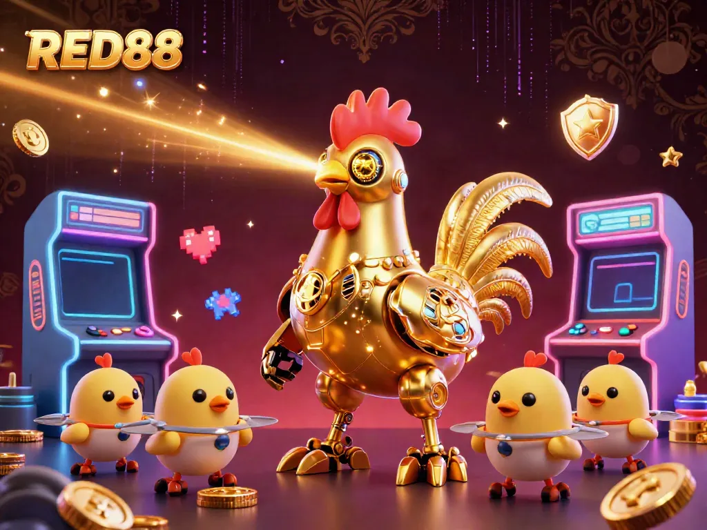 Experience the excitement of RED88 with a dynamic 3D casino scene featuring a golden robot shooting lasers and colorful gaming elements.