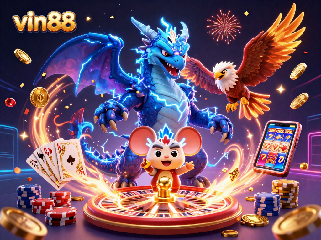 Experience thrilling gameplay with vin88's vibrant 3D casino scene featuring dynamic elements and exciting characters.