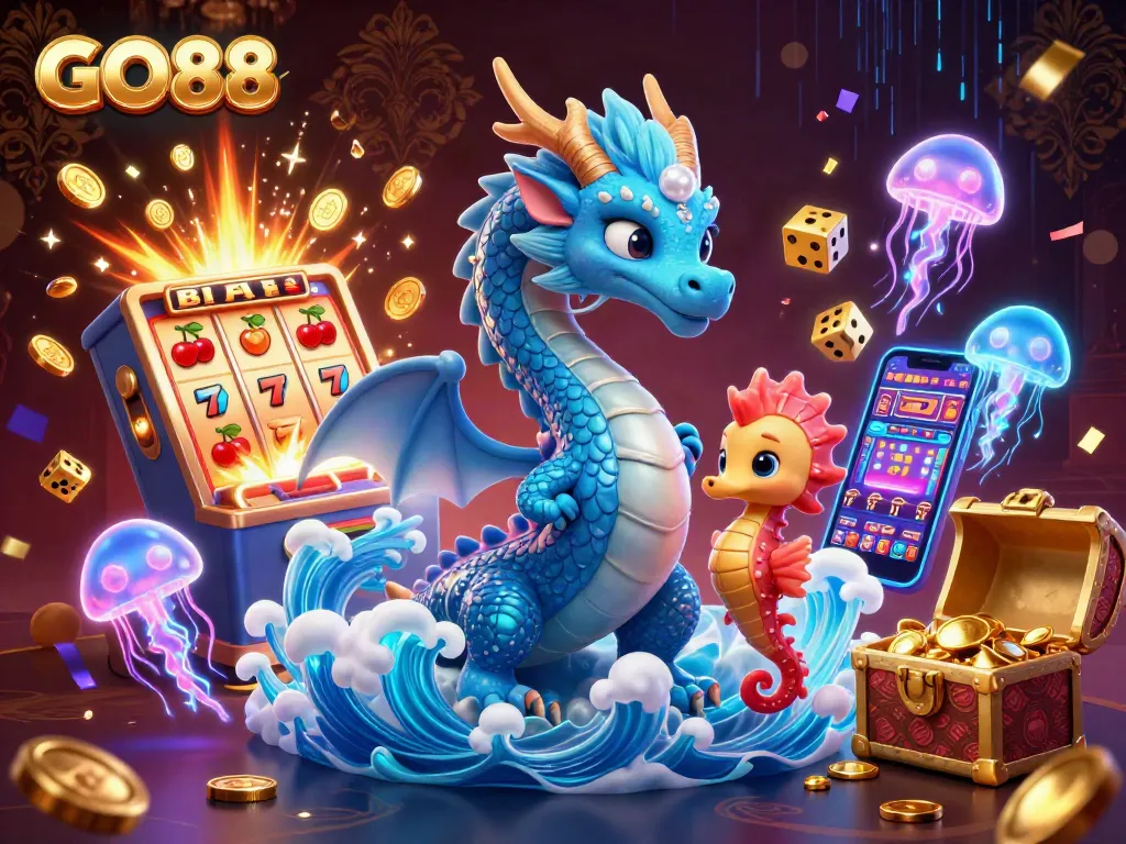 Experience GO88's vibrant gameplay with a stunning 3D casino dragon and dynamic game elements.