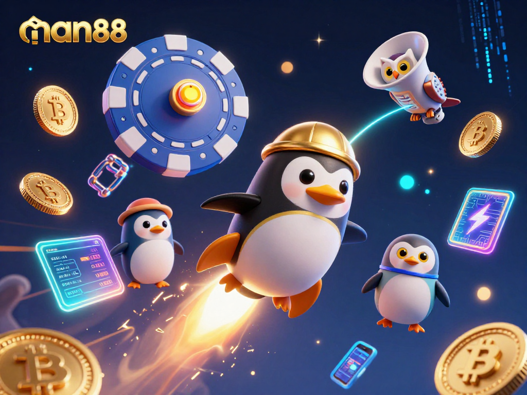 Engage in thrilling casino excitement with man88 as a golden penguin rockets towards a poker chip station.
