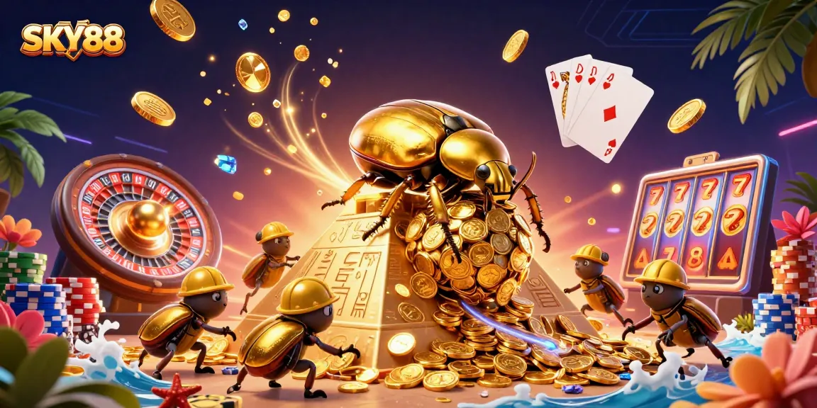 Engage with SKY88’s thrilling experience featuring a gold beetle, dazzling coins, and dynamic casino elements.