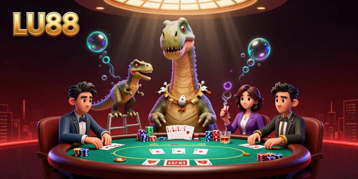 LU88 poker scene features a brontosaurus playing cards with vibrant casino elements around.