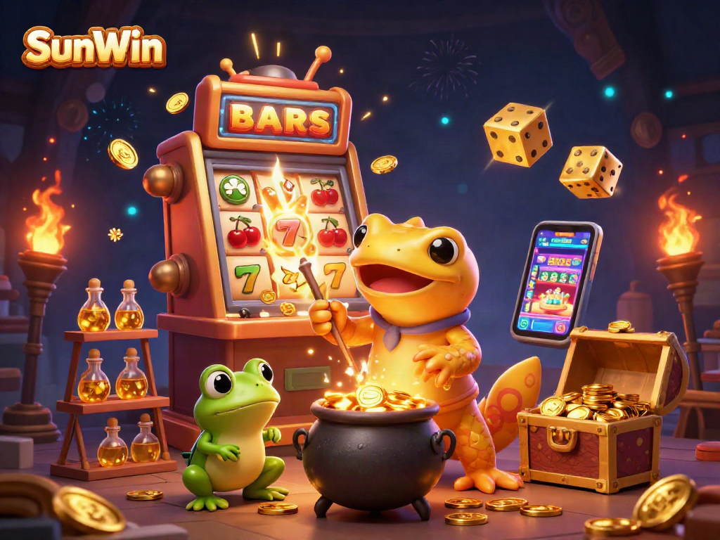 Spin the reels at SunWin with golden alchemical gold coins and vibrant casino elements!