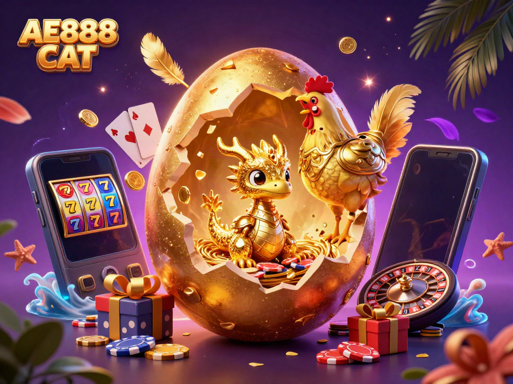 Spin slots and win big with AE888 CAT in a vibrant casino scene featuring gold dragon and game elements.