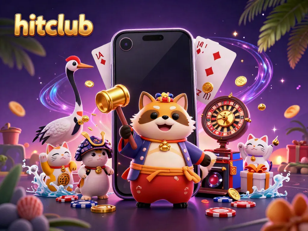 Celebrate with hitclub's exciting 3D illustration of a cheerful tanuki, games, and colorful casino elements.
