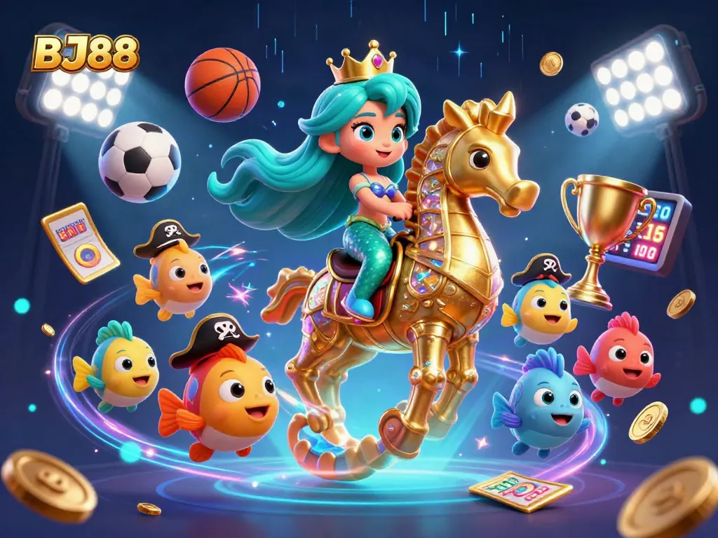 Bet on BJ88 with a vibrant 3D casino scene showcasing dynamic game elements and colorful characters.