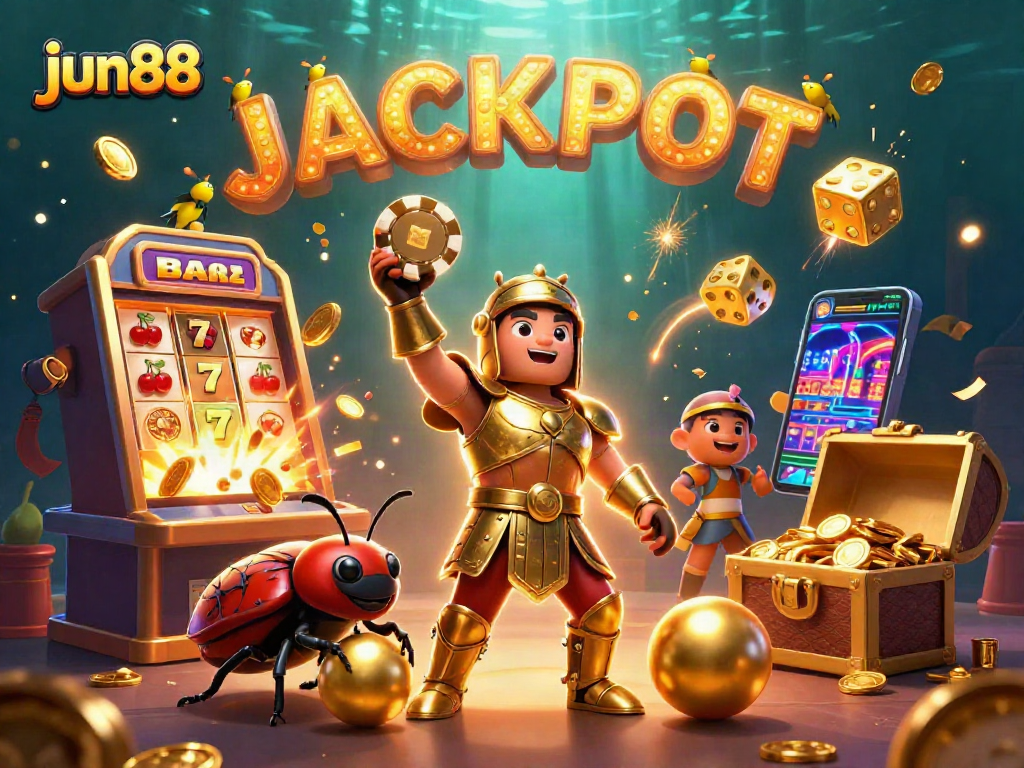 Experience the thrill of jun88 with a victorious beetle character, slot machines, and jackpot excitement.