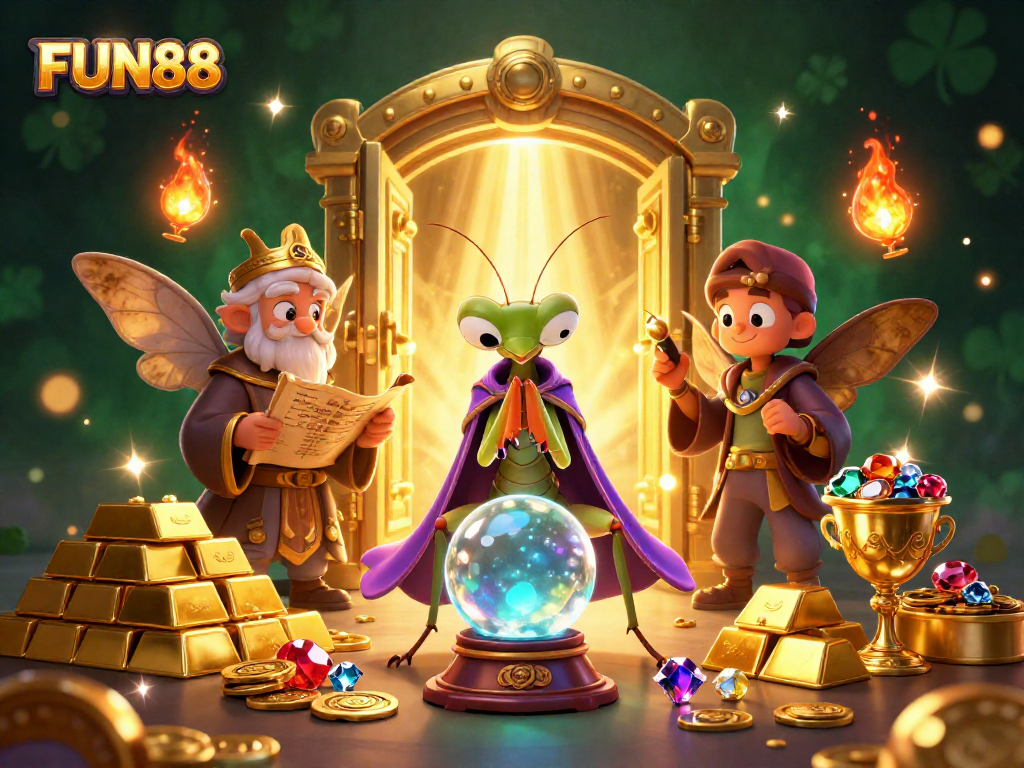 Capture winning moments at FUN88 with a fortune teller and treasures in a vibrant casino scene.
