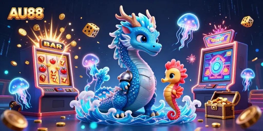 Experience the excitement of AU88, featuring dynamic characters and casino elements bursting with life and color.