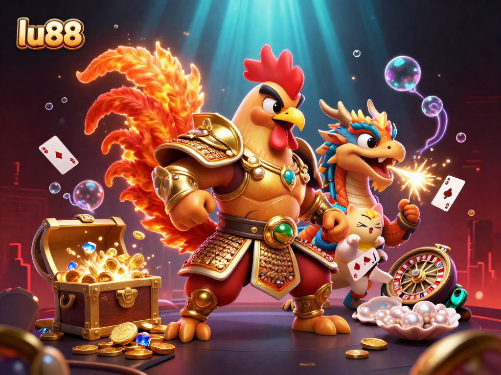 Engage with vibrant gaming action in lu88 featuring a rooster warrior, dragon hatchling, and treasure elements.