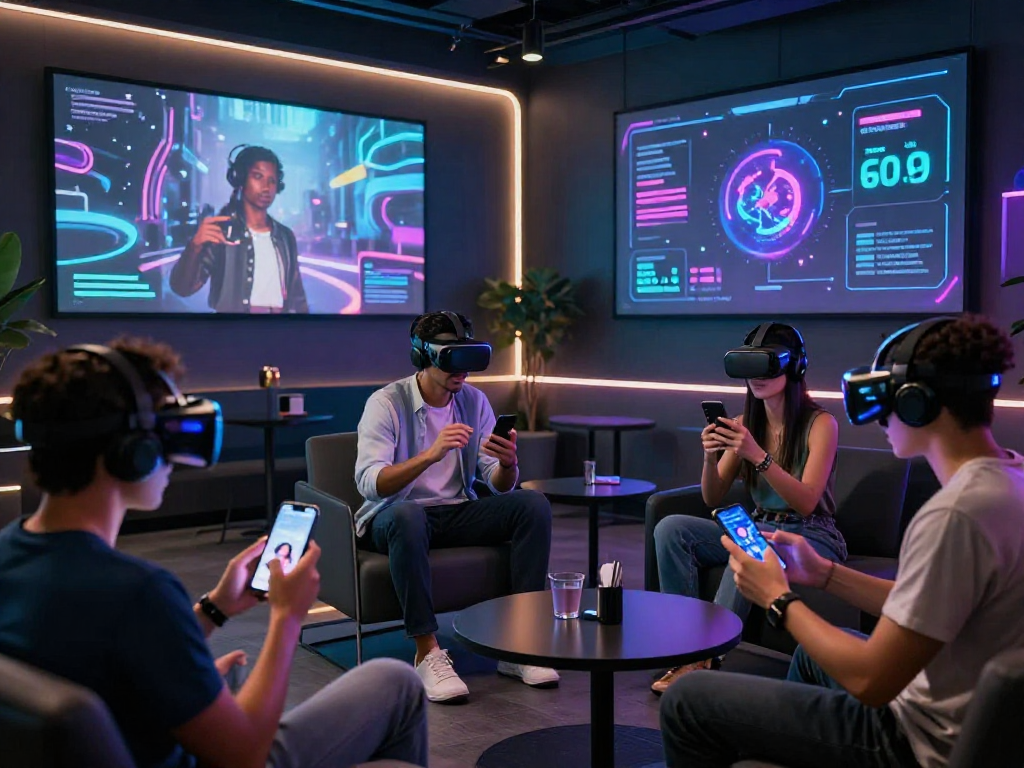 Engaging scene of users interacting with NSFW AI technology in a modern lounge setting, showcasing innovation and digital exploration.