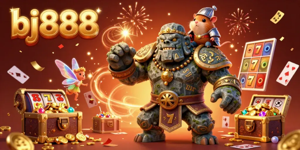Join the adventure with bj888 featuring a magical casino scene with rich treasures and characters.