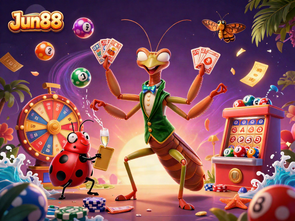 Experience exciting wins at Jun88 with vibrant lottery balls and dynamic casino characters!