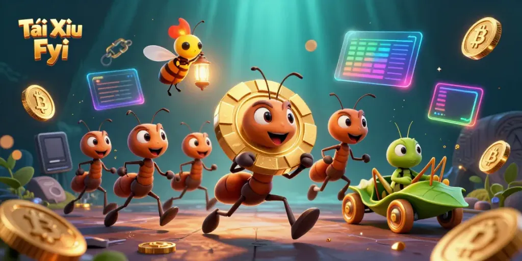 Engage in thrilling Tài Xỉu Fyi adventures with cartoon ants heisting a giant poker chip.