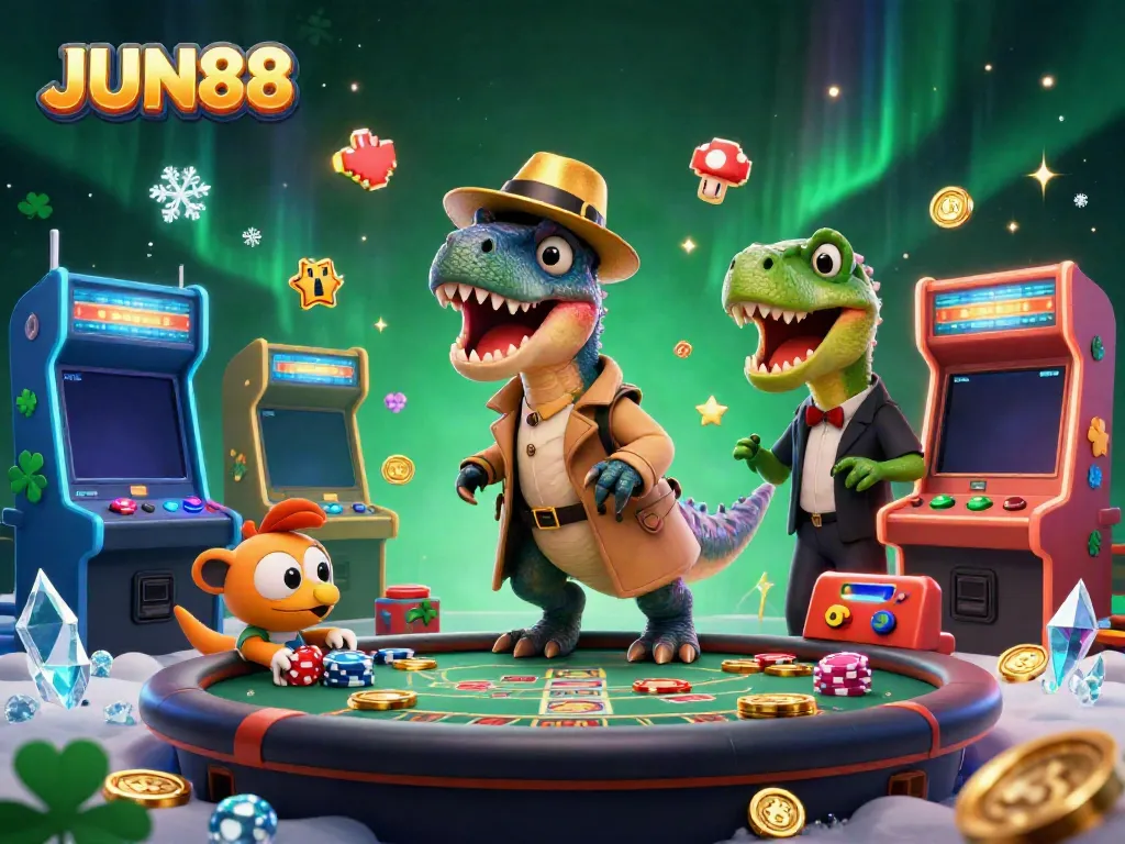 Experience thrilling gaming moments with JUN88 in a dynamic casino scene featuring cartoon dinosaurs.