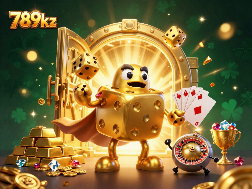 Win big at 789kz with a dynamic casino scene featuring golden dice and vibrant treasures.