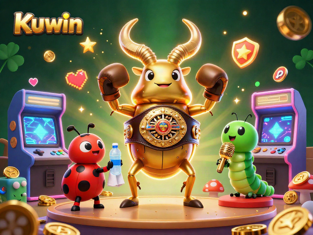 Kuwin casino illustration showcasing a giant stag beetle in championship gear, enriched with game-themed elements.