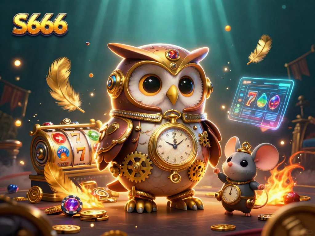 Join the adventure with S666, as the owl navigates a vibrant casino scene filled with slot reels and golden coins.