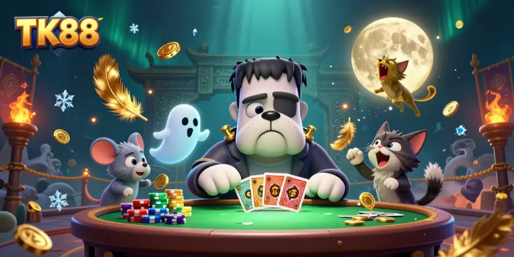 Experience the thrilling action of TK88 casino with a unique 3D illustration featuring a monster dealer and playful characters.
