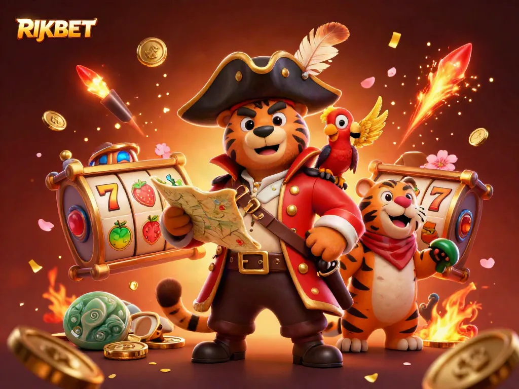Spin the reels at RIKBET and join the adventure with a pirate bear and tiger, surrounded by vibrant game elements.