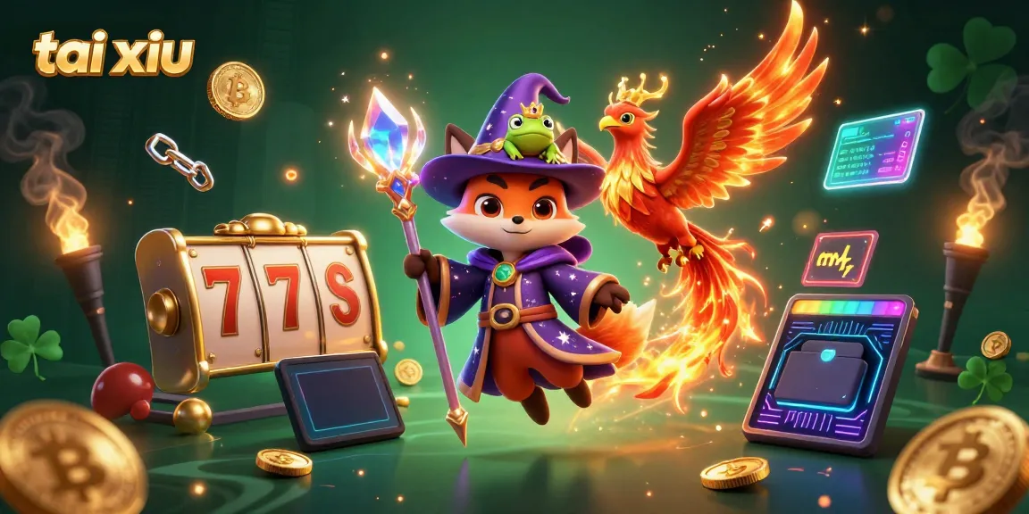 Play tai xiu with mystical characters in a vibrant 3D illustration full of slot and crypto elements.