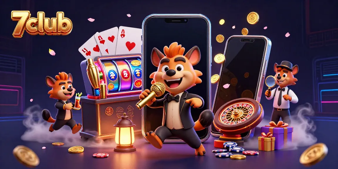 Experience thrilling gaming at 7club with cartoon hyenas entertaining in a vibrant casino.