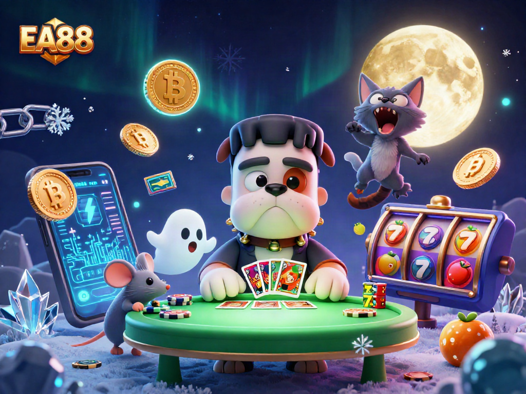 EA88 characters engage in thrilling card dealing at a spooky casino table amidst vibrant slot elements.
