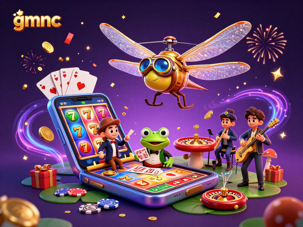 gmnc engages players with an exciting casino scene featuring a dragonfly pilot and a frog dealer.
