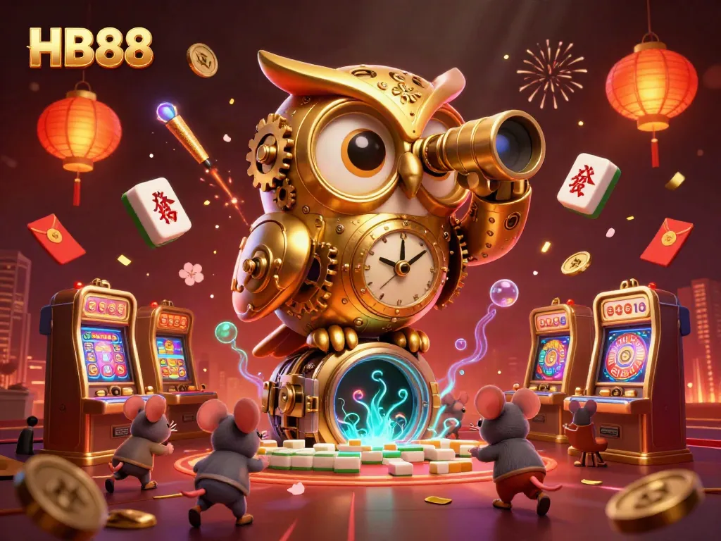 Engage in thrilling wins at HB88 with a dynamic casino scene featuring a golden owl and wind-up mice.