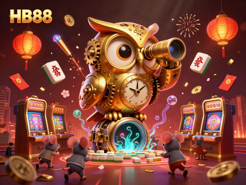 Engage in thrilling wins at HB88 with a dynamic casino scene featuring a golden owl and wind-up mice.