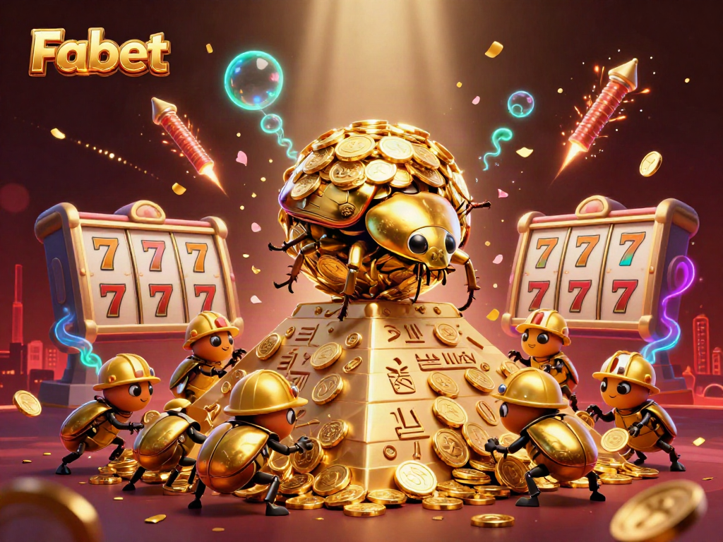Experience Fabet's vibrant casino adventure with golden symbols and dynamic reels in this 3D rendering.