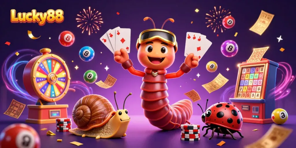 Experience the thrill at Lucky88 as a whimsical millipede dealer dazzles with cards and excitement.