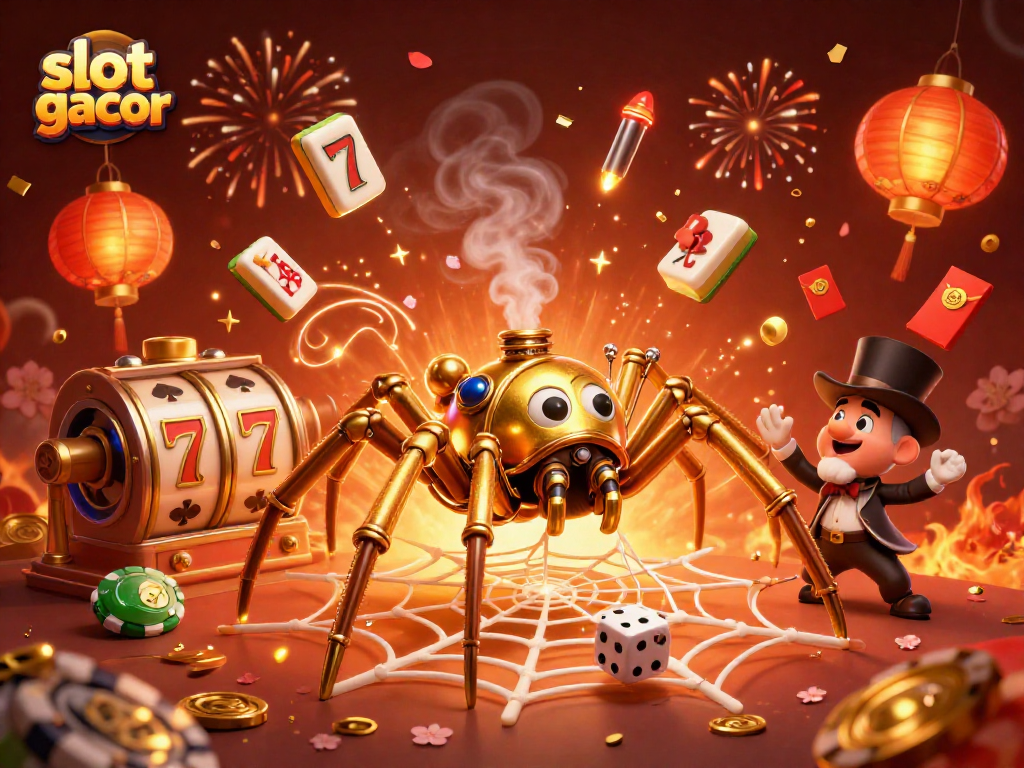Spin the reels in slot gacor with a captivating steampunk spider and golden web elements.