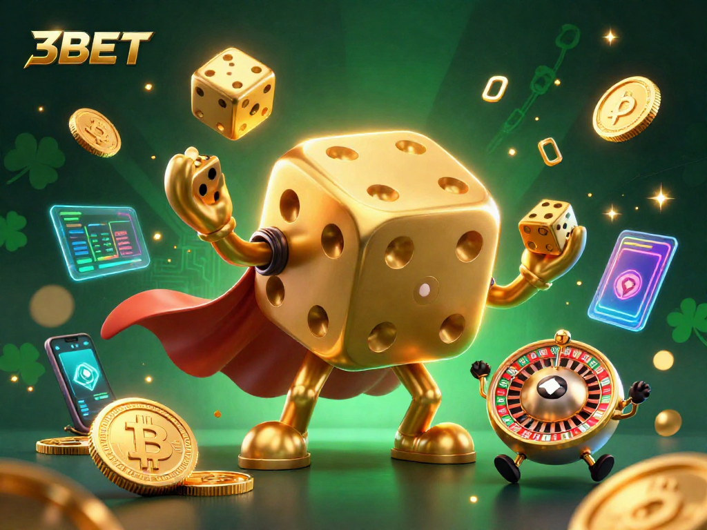 Experience thrilling wins at 3BET with cartoon characters and vibrant crypto elements in an exciting casino scene.
