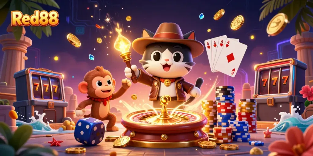 Experience the thrill of Red88 with a cartoon explorer and golden casino treasures in action.